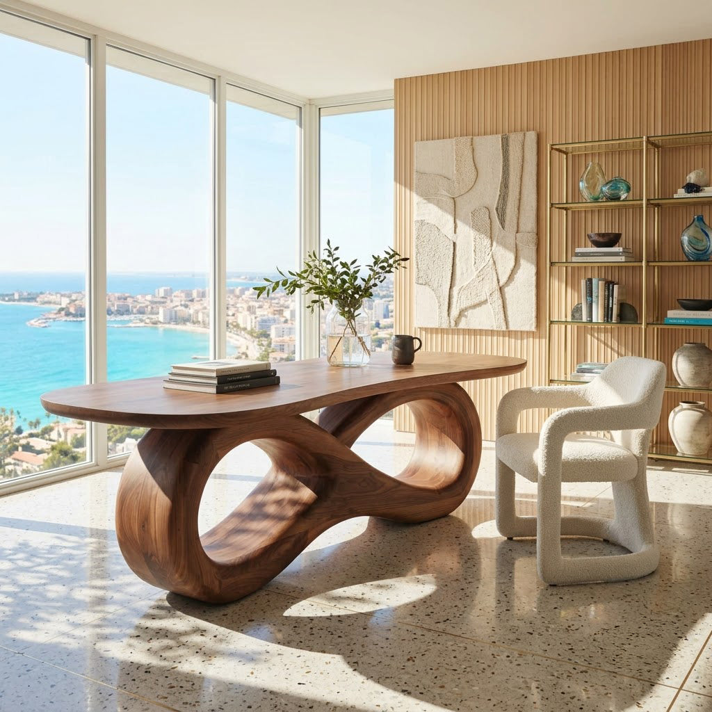 Sculptural solid wood studio table showcased as a statement workspace