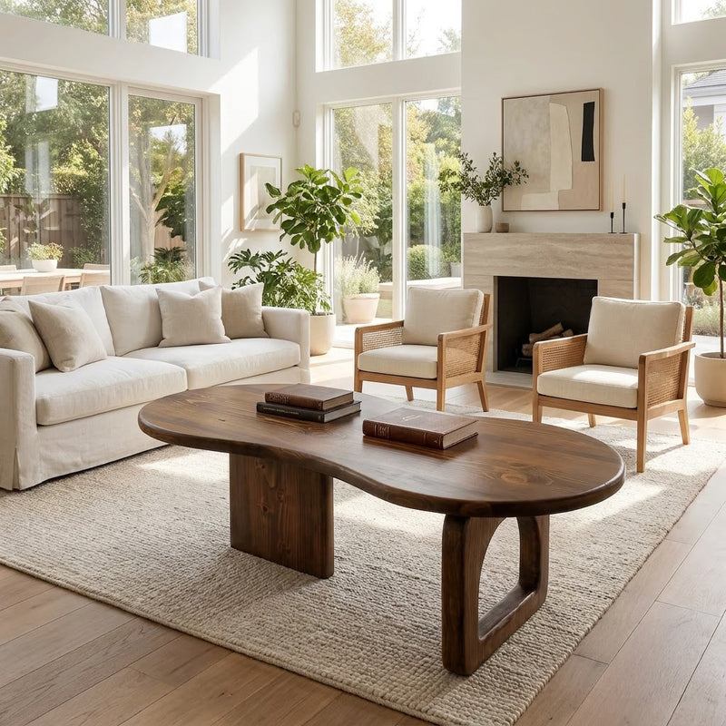 Organic kidney-shaped coffee table crafted from solid wood with a sculptural design