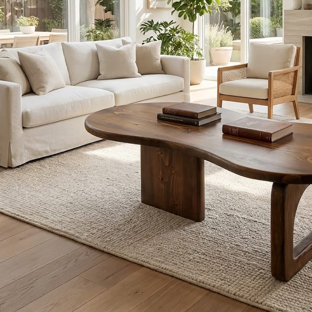 Sculptural kidney-shaped coffee table made from solid wood with an asymmetrical base