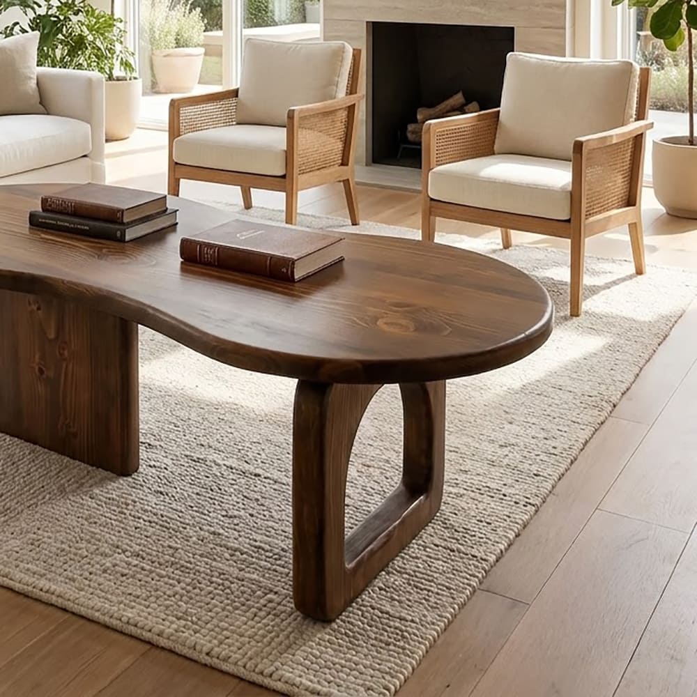Modern organic kidney-shaped coffee table in solid wood with a unique sculptural base