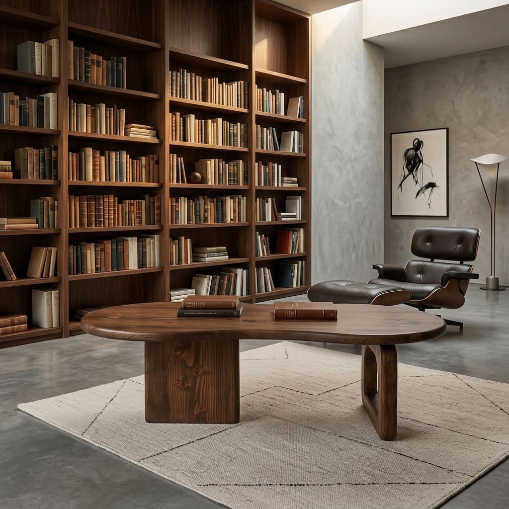 Modern solid wood organic coffee table with a kidney-shaped top and sculptural base for stylish interiors