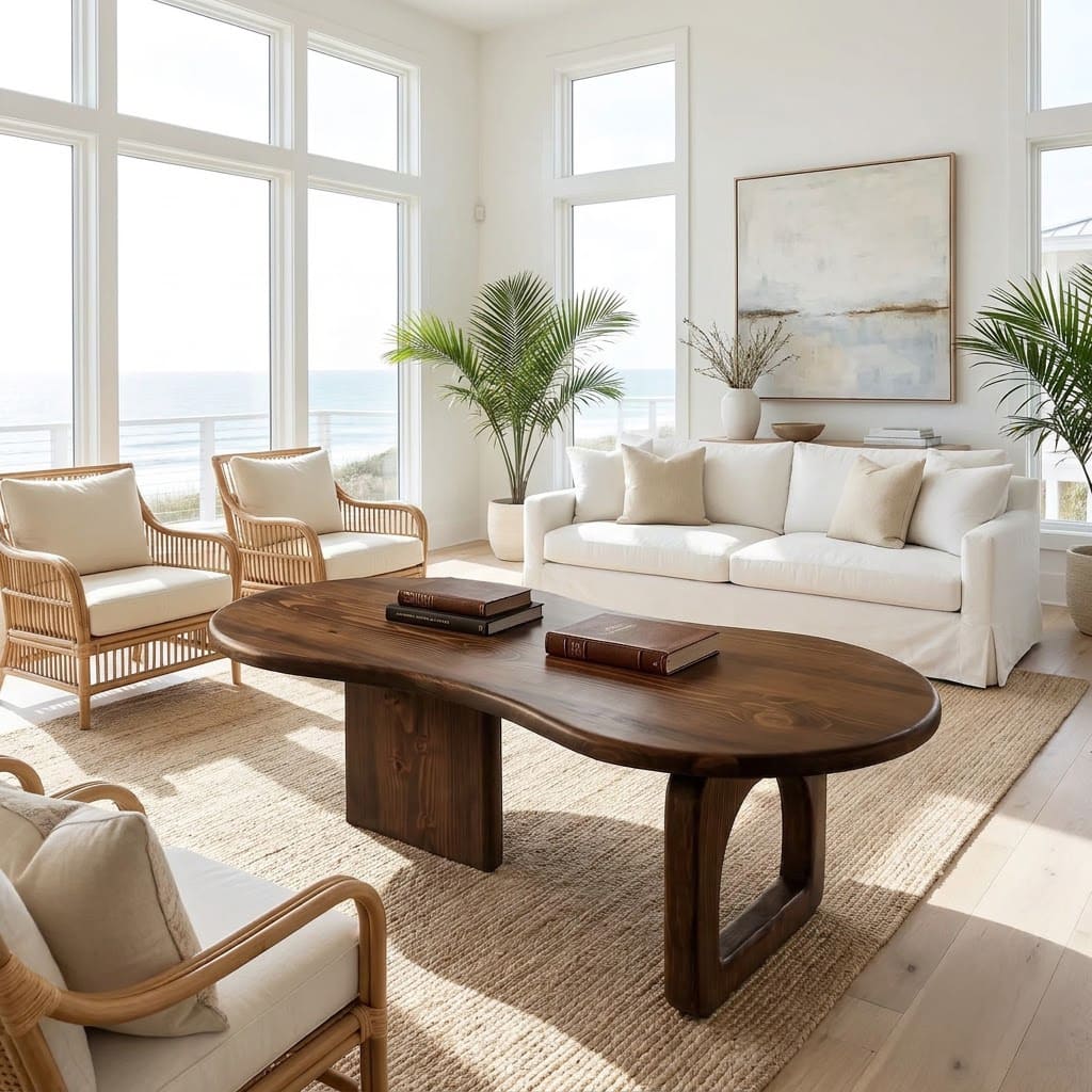 Organic solid wood kidney-shaped coffee table with a sculptural asymmetrical base for modern living rooms