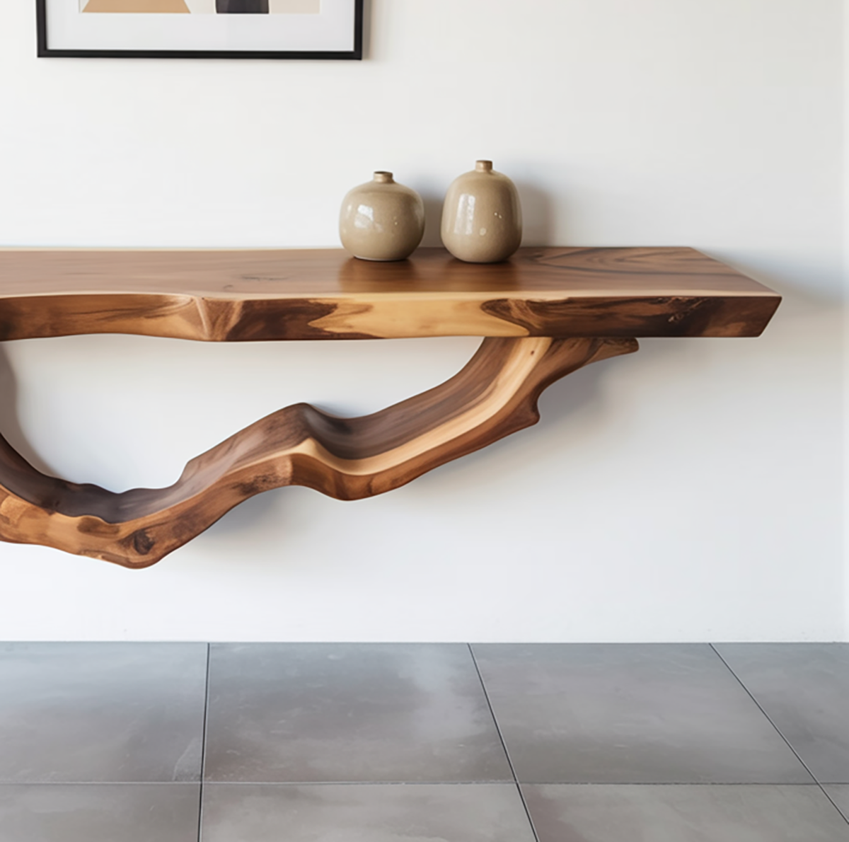 Handcrafted wood wall console shelf with natural live edge