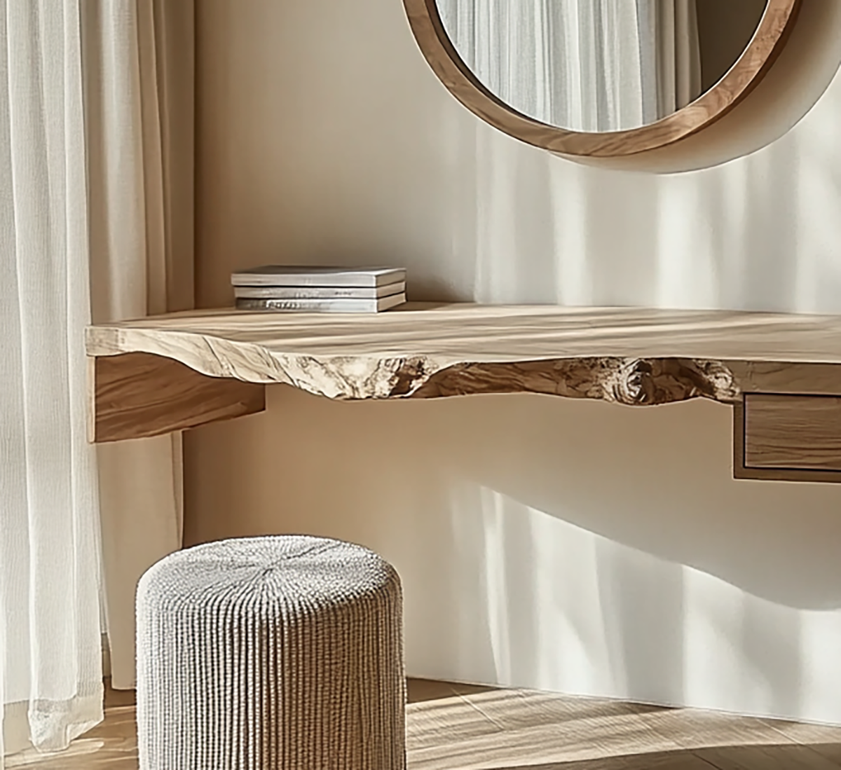 Floating makeup desk with handcrafted solid wood design