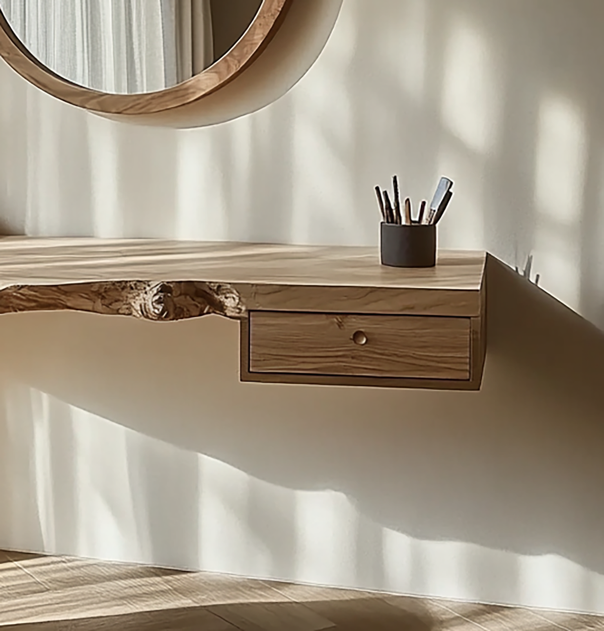 Wall mounted wood vanity desk with natural live edge detail