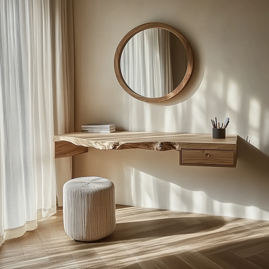 Organic live edge floating vanity desk made from solid wood