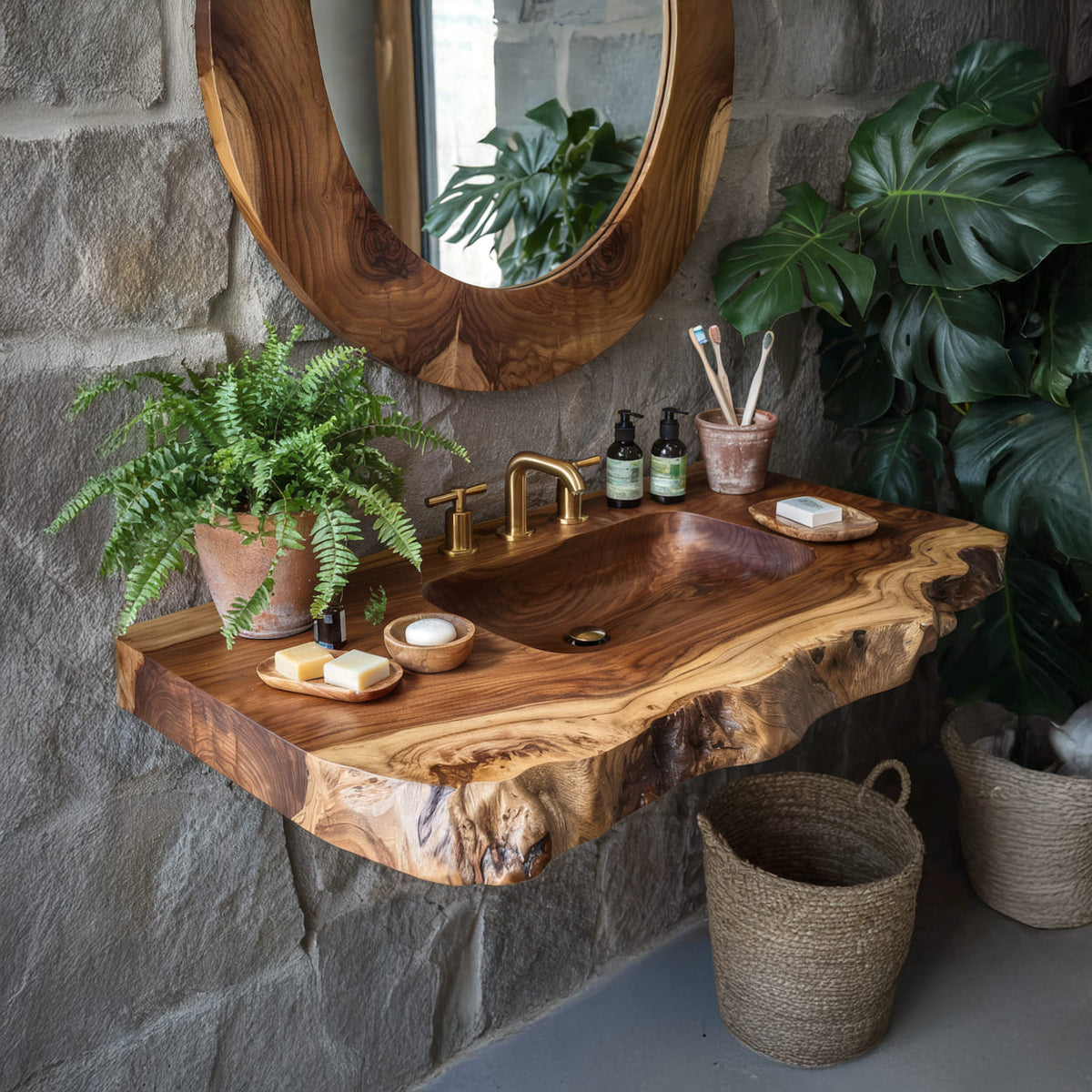 Organic live edge bathroom vanity shelf in solid wood