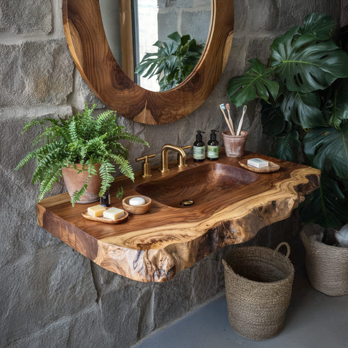 Organic Live Edge Solid Wood Bathroom Vanity Shelf with Integrated Sink