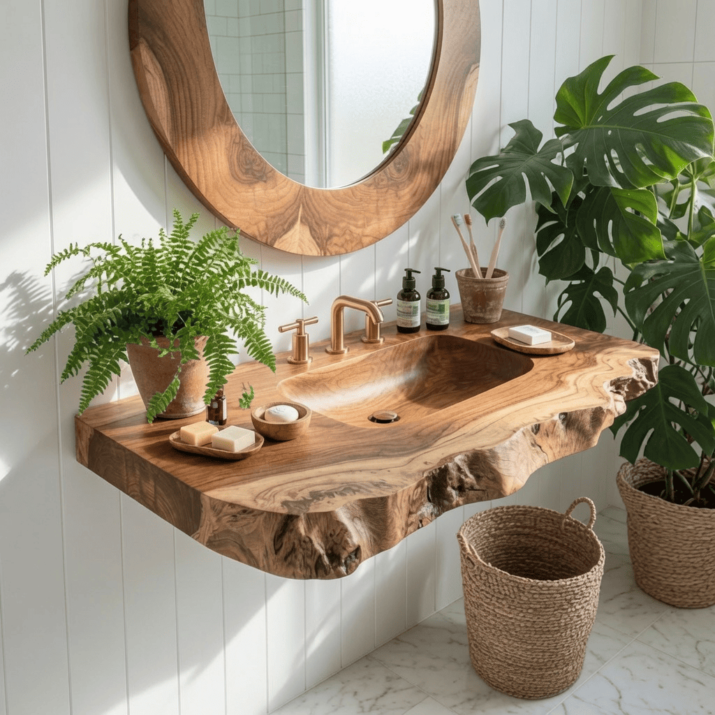 Organic live edge solid wood bathroom vanity shelf with integrated sink in a farmhouse bathroom