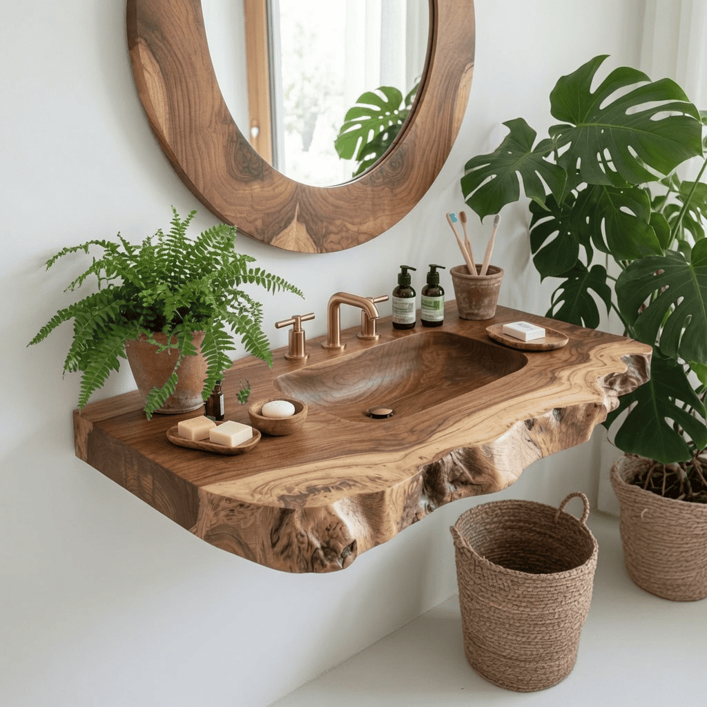 Handcrafted wooden floating vanity shelf creating a spa-inspired bathroom interior