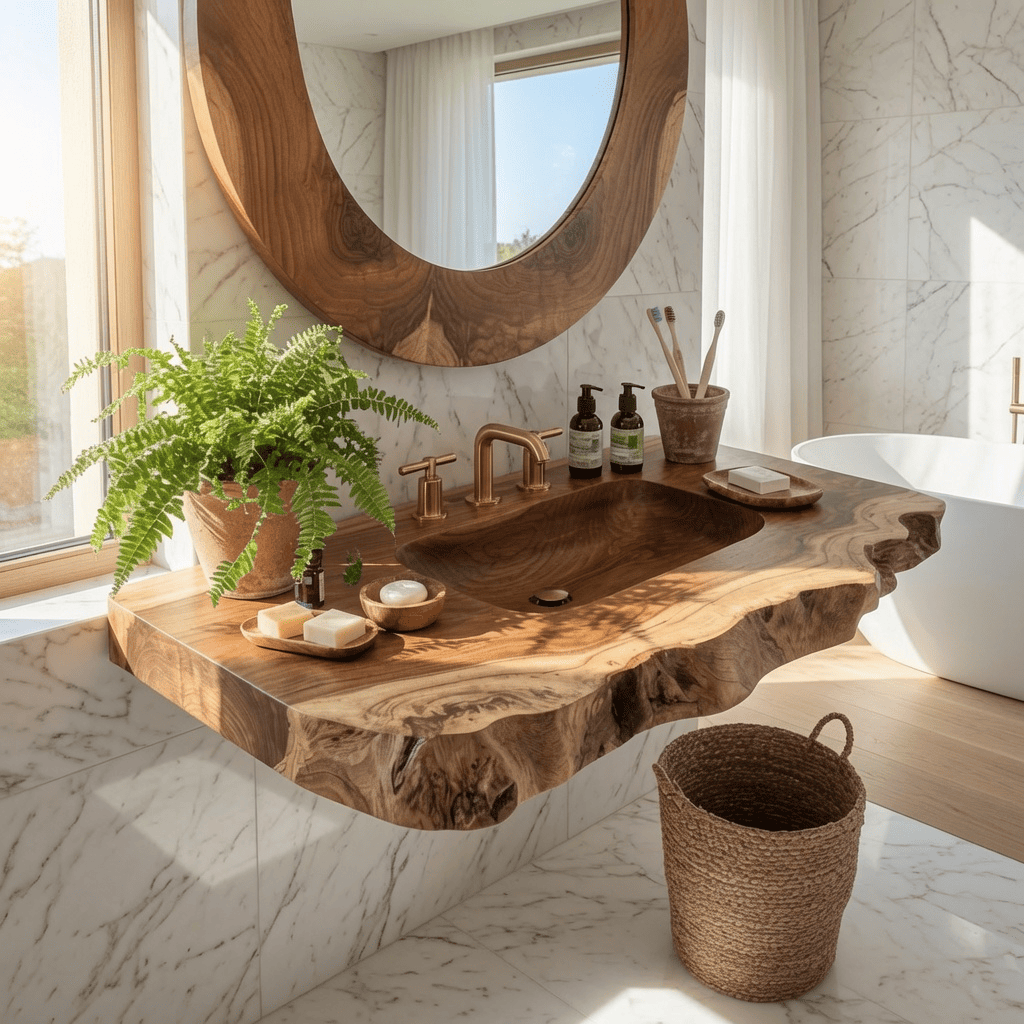 Modern live edge vanity shelf with integrated sink in a minimalist luxury bathroom