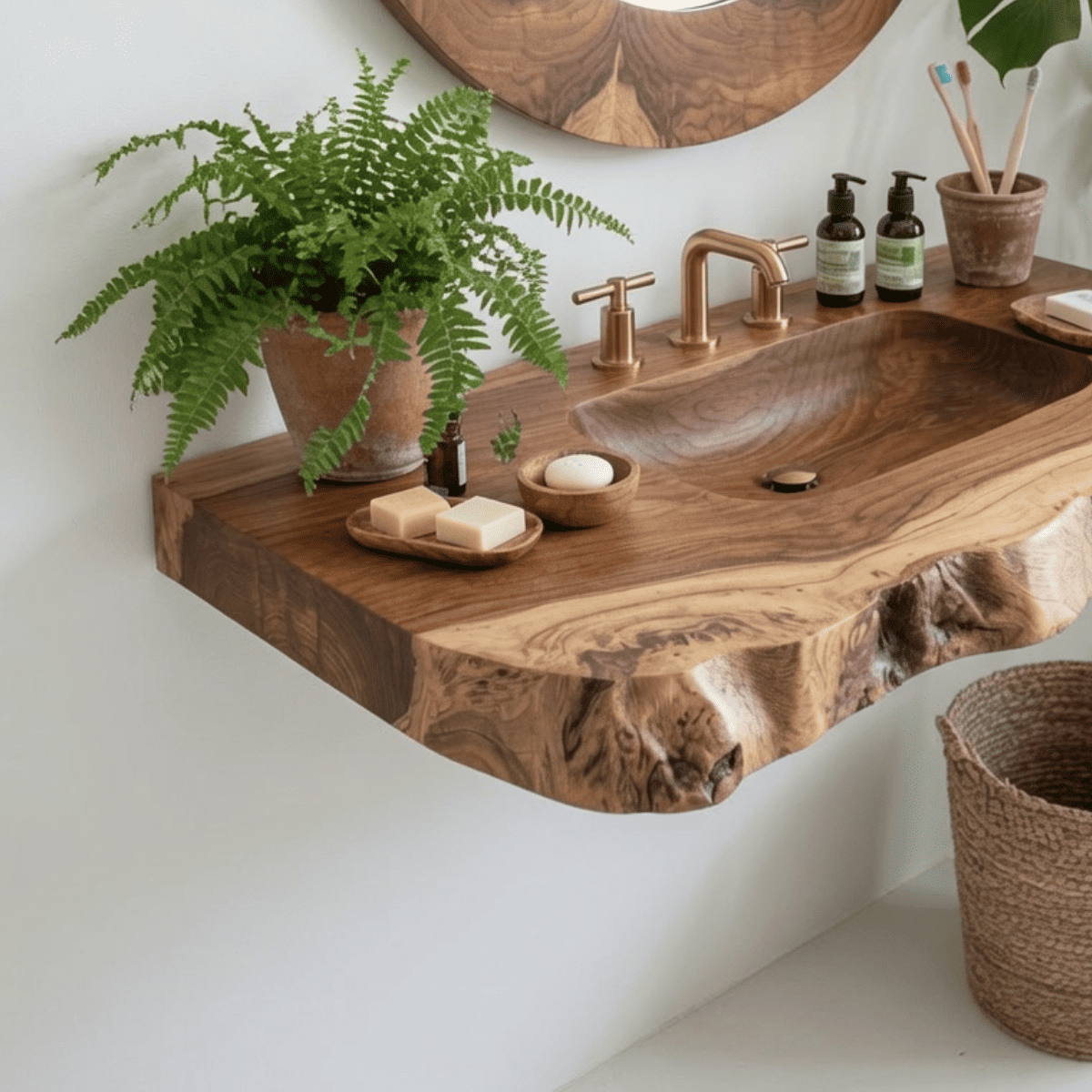 Handcrafted solid wood vanity shelf with integrated sink