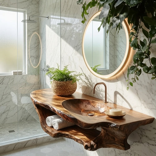 Organic Live Edge Solid Wood Bathroom Vanity with Sculptural Root Base