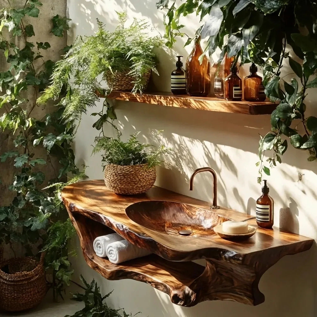 Sculptural root base vanity creating a spa-inspired bathroom interior