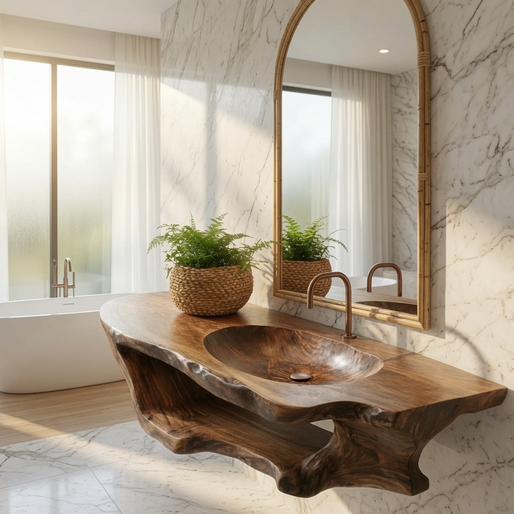 Organic live edge solid wood bathroom vanity in a modern bathroom