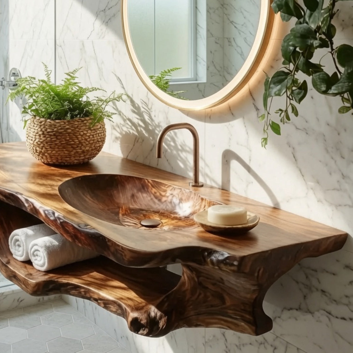 Rustic natural edge bathroom vanity in premium hardwood