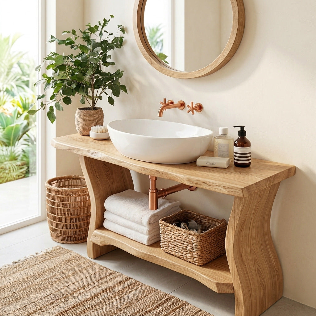 Sculptural wave base bathroom vanity crafted from solid wood