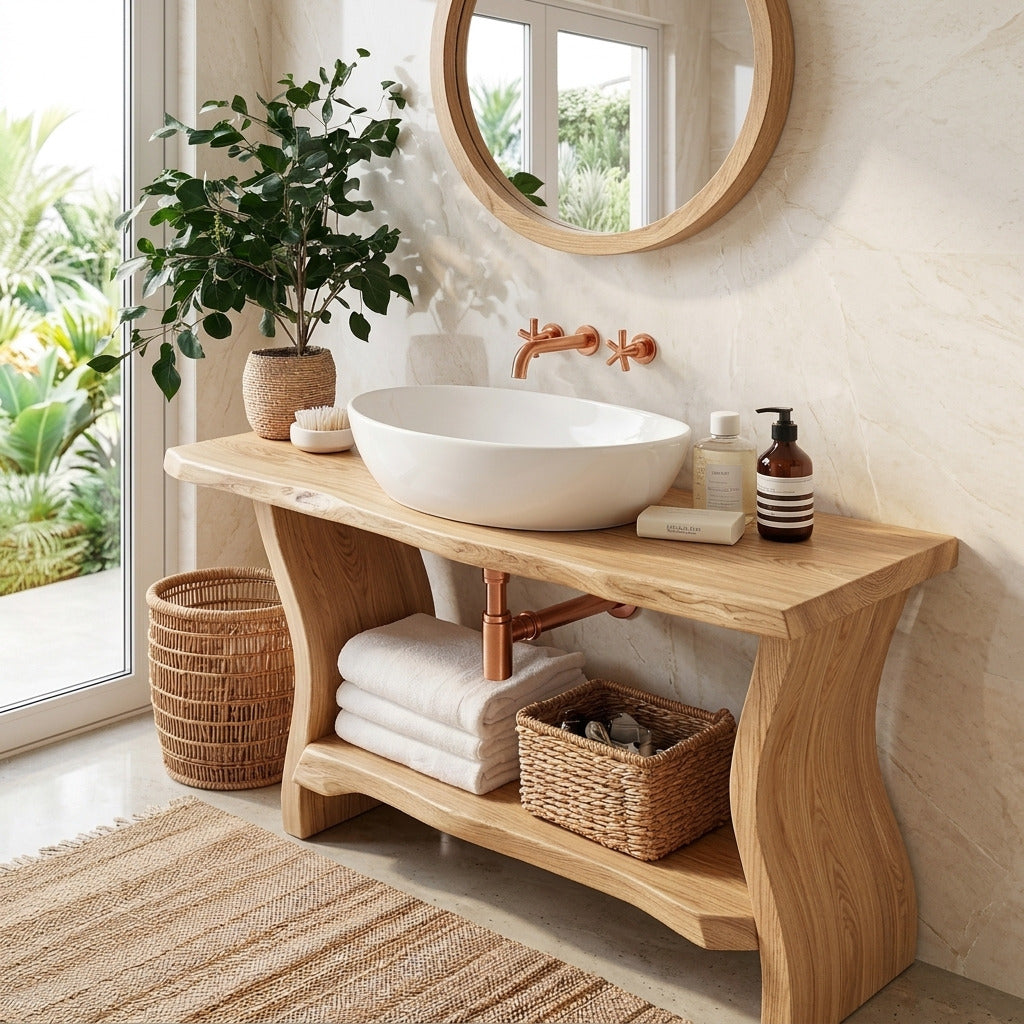 Organic live edge solid wood bathroom vanity in a modern bathroom