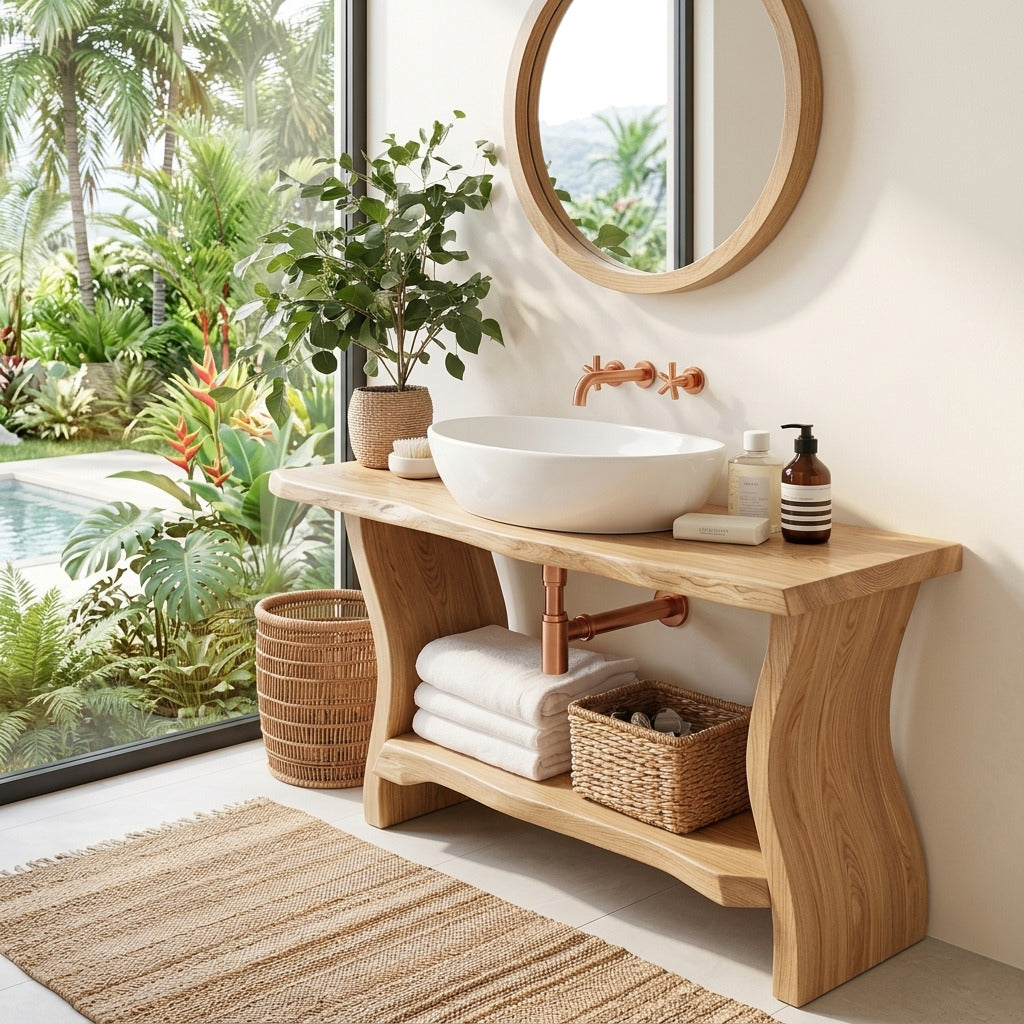 Handcrafted natural wood bathroom vanity in a spa-inspired bathroom