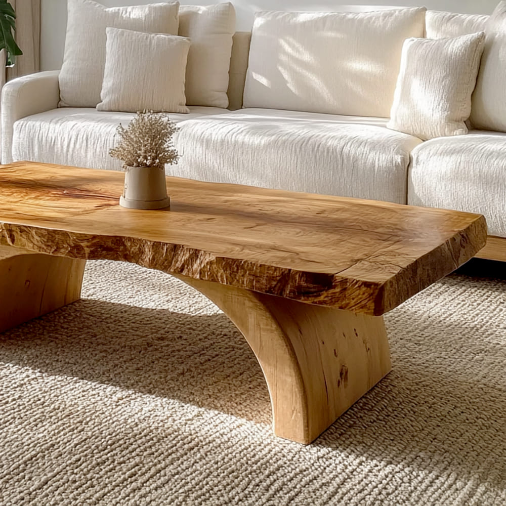 Solid wood coffee table featuring natural live edge details and an artistic arch pedestal design