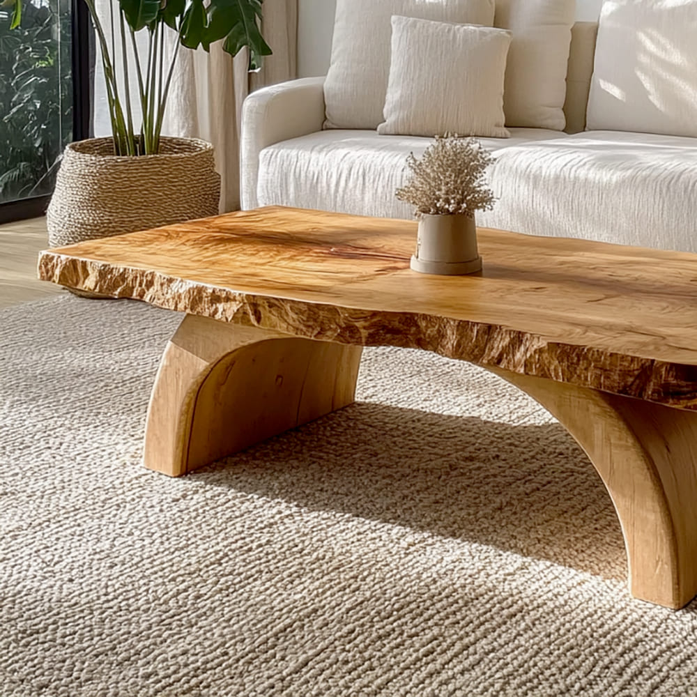 Solid wood coffee table featuring natural live edge details and an artistic arch pedestal design