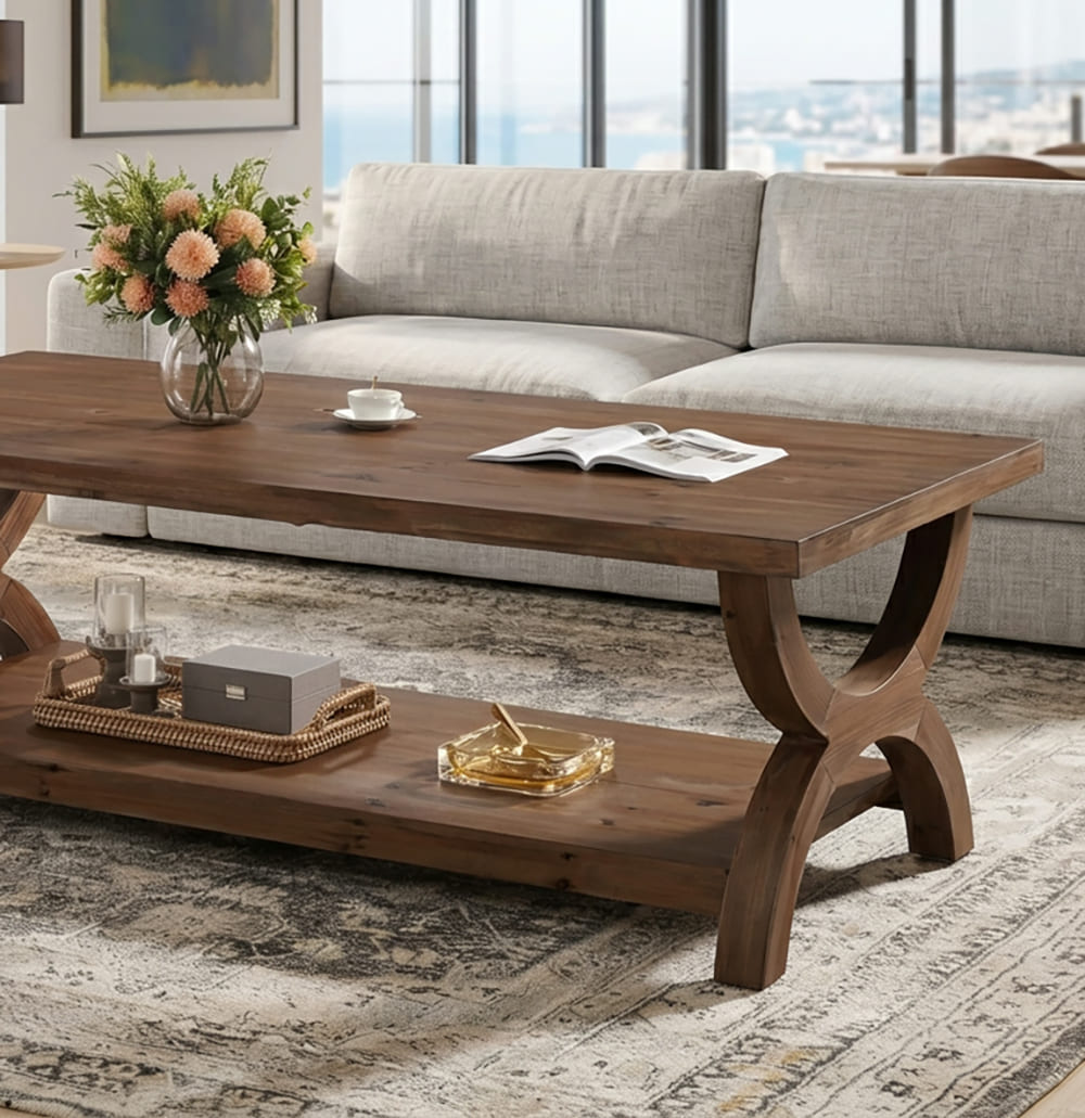 Handcrafted solid wood coffee table showcasing organic live edge contours and rich wood grain