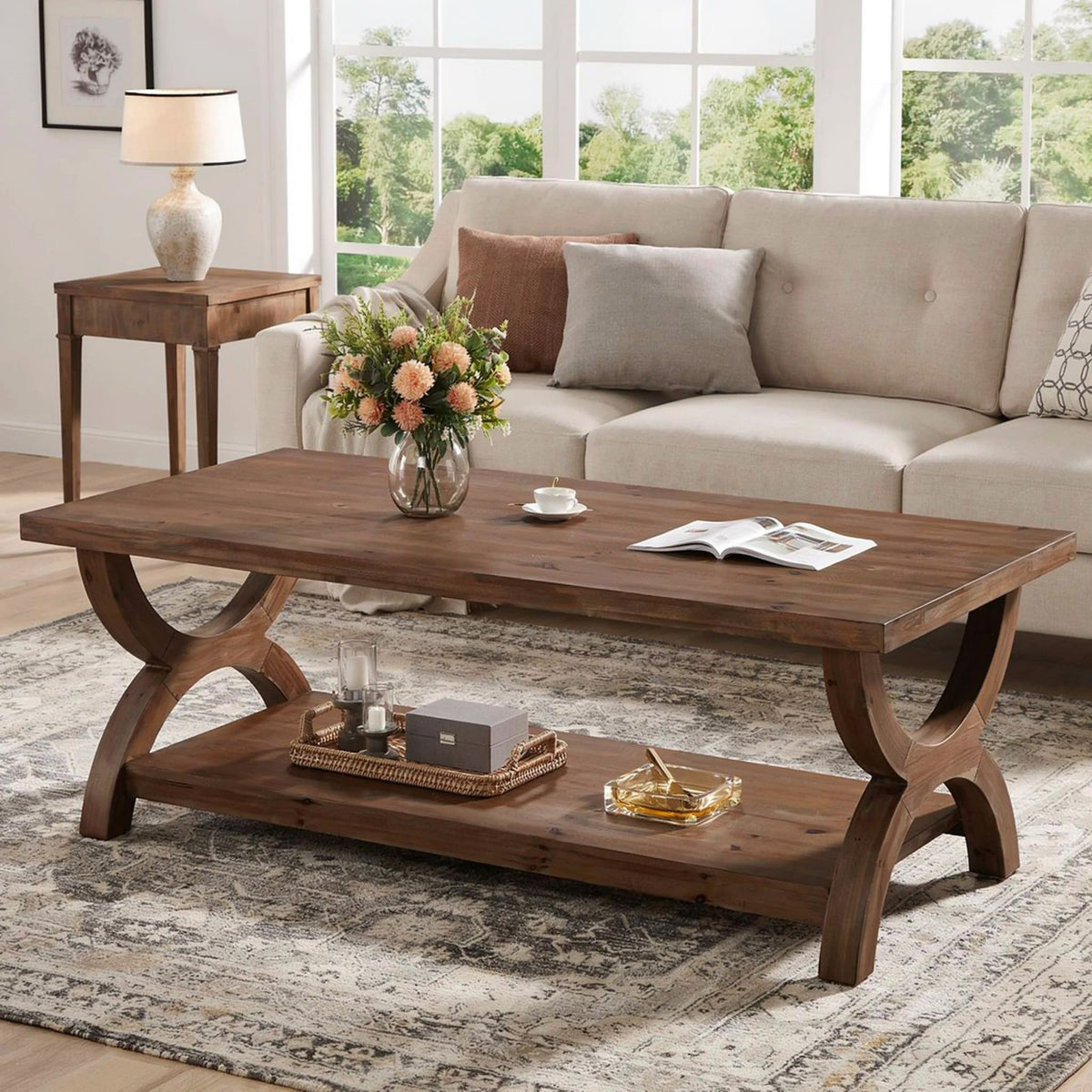Natural wood coffee table serving as a statement centerpiece in a minimalist living room