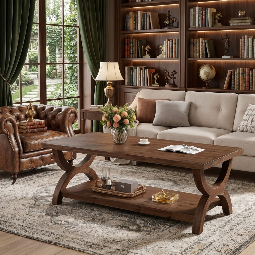Sculptural solid wood coffee table with X-base displayed in a cozy seating area