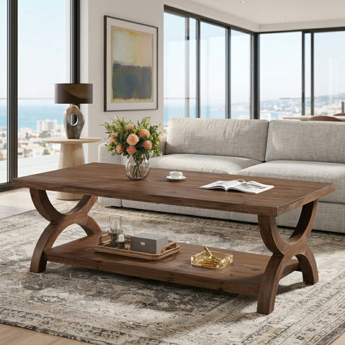 Organic Live Edge Solid Wood Coffee Table with Sculptural X-Base & Lower Shelf