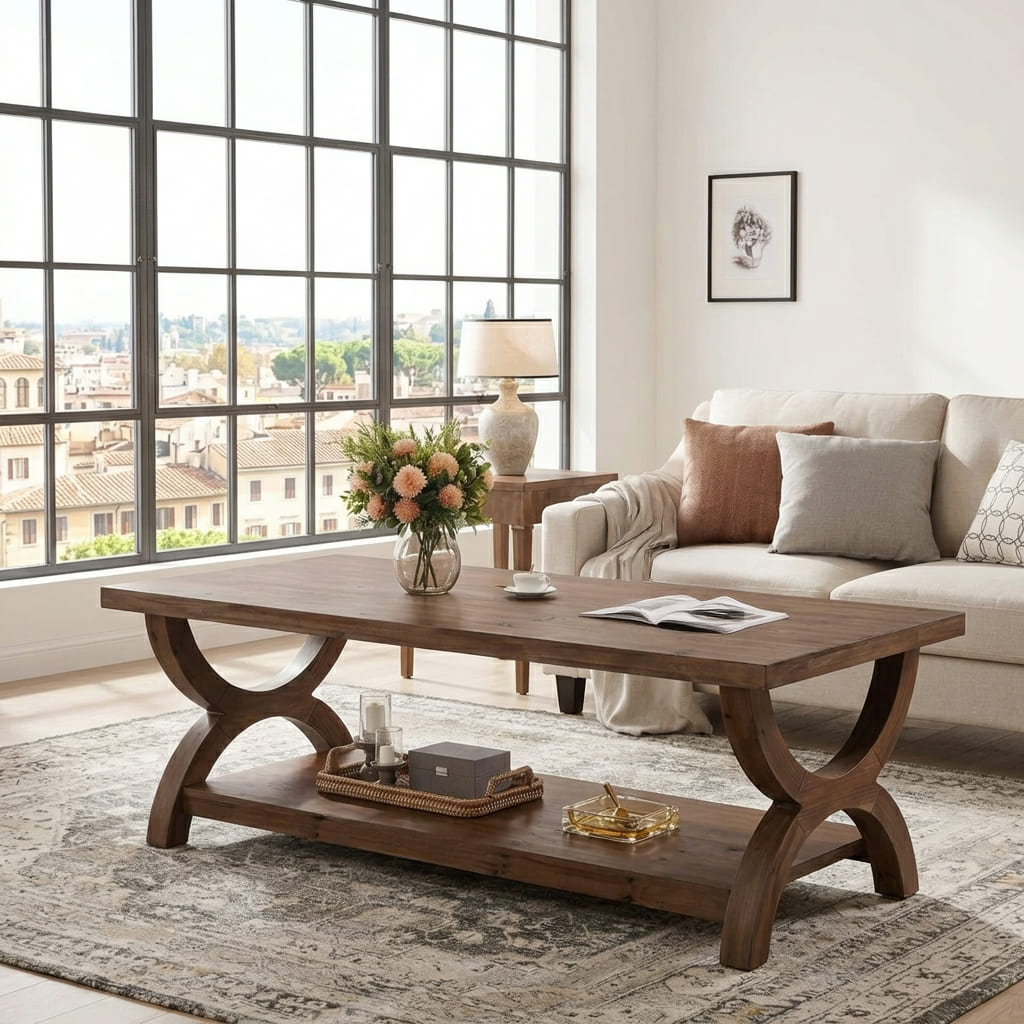 Organic Live Edge Solid Wood Coffee Table with Sculptural X-Base & Lower Shelf