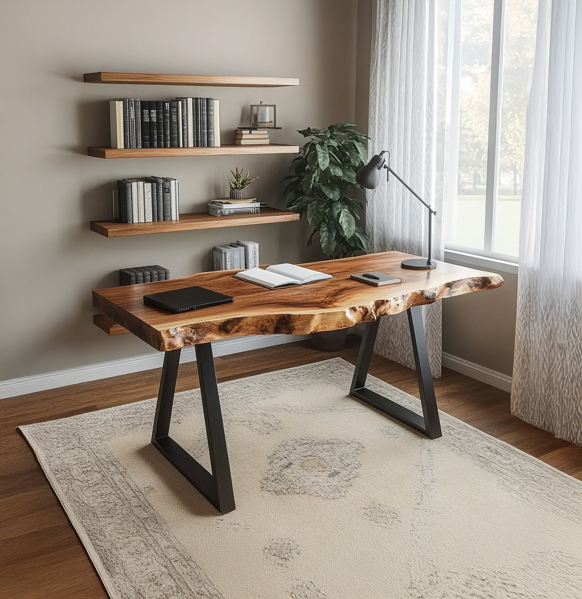Organic live edge solid wood desk with sculptural design