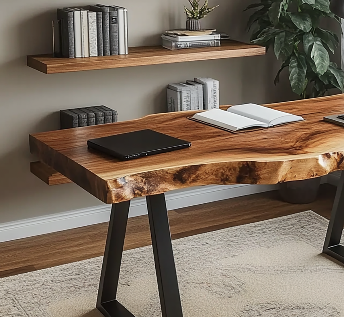 Live edge writing desk with natural wood grain finish