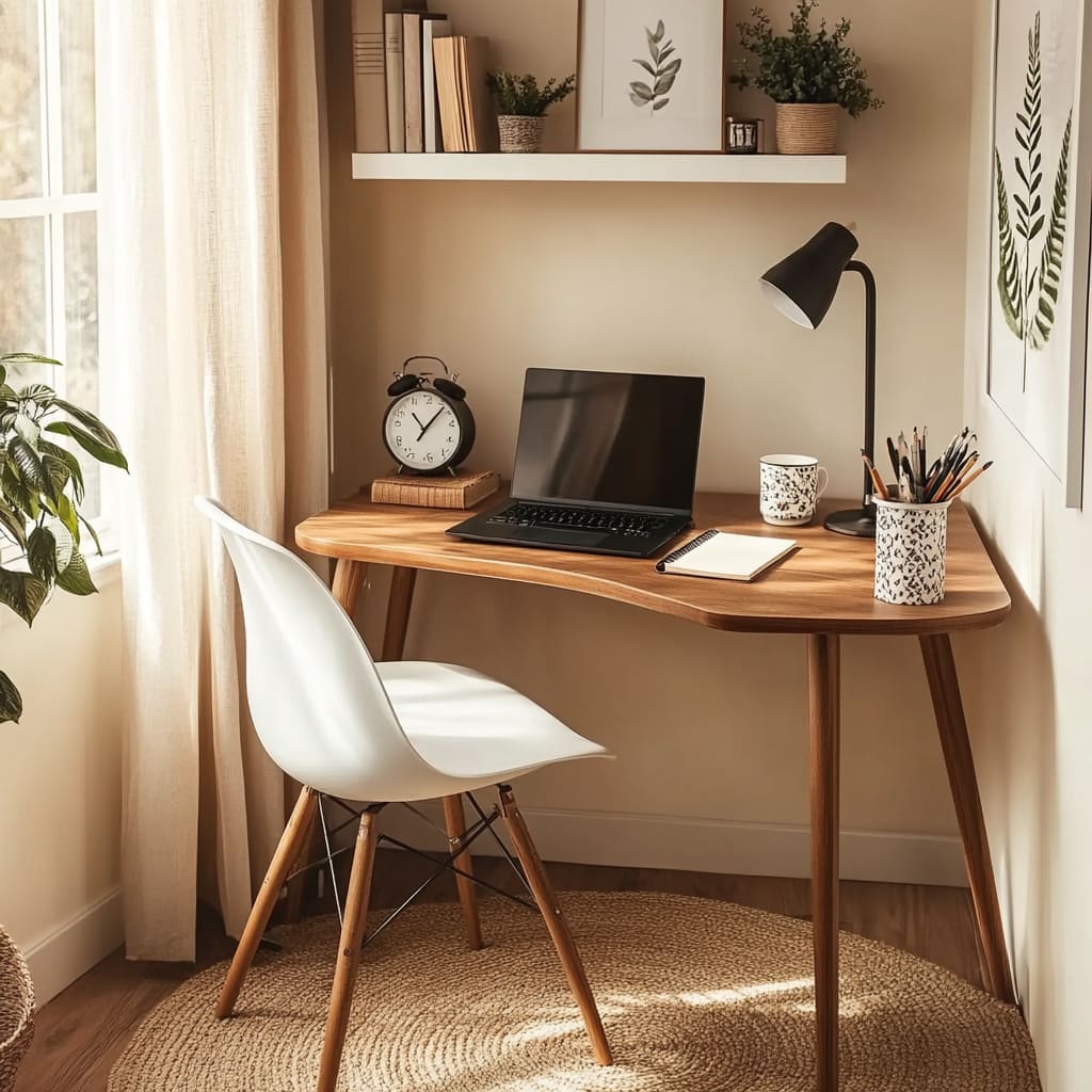 Solid wood Japandi desk displayed in a contemporary home office setting