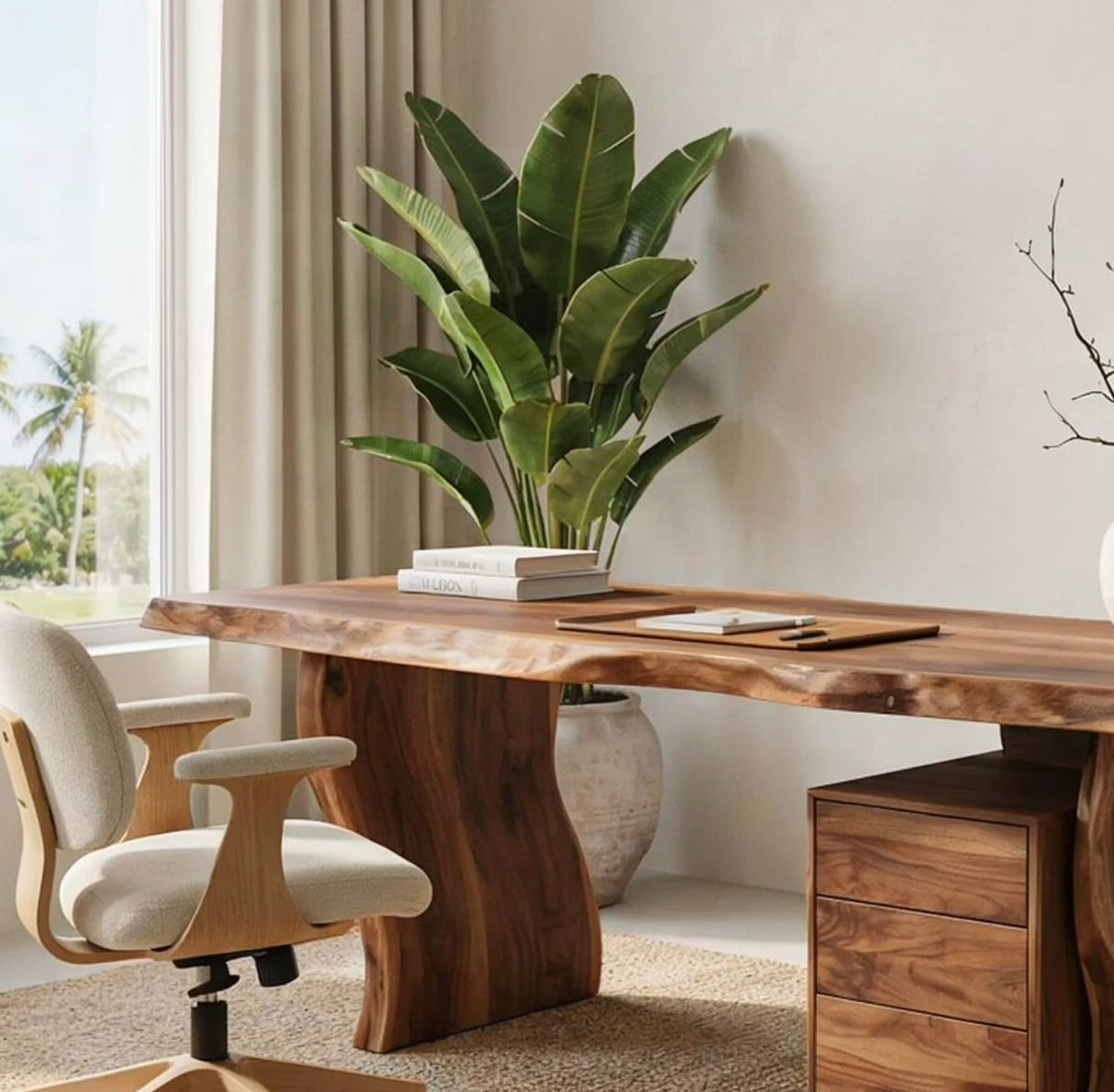 Solid wood desk featuring natural live edge details and integrated storage compartments