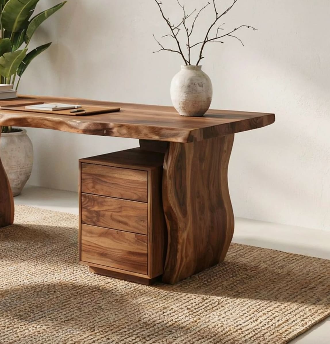 Solid wood desk featuring natural live edge details and integrated storage compartments