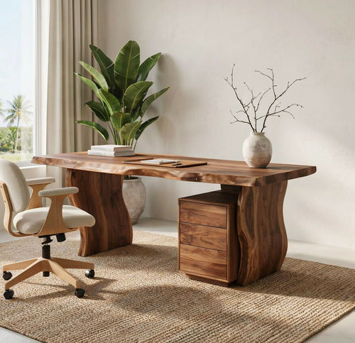Organic Live Edge Solid Wood Desk with Storage