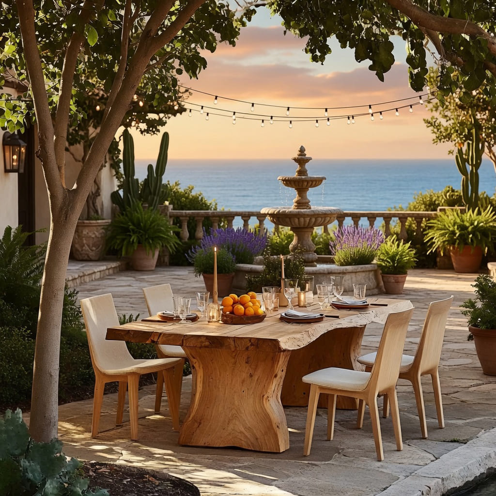 Handcrafted outdoor dining table showcasing natural live edge beauty for garden entertaining
