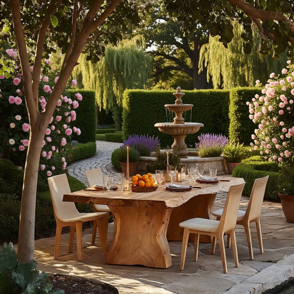Organic live edge outdoor dining table crafted from premium solid wood with a sculptural pedestal base