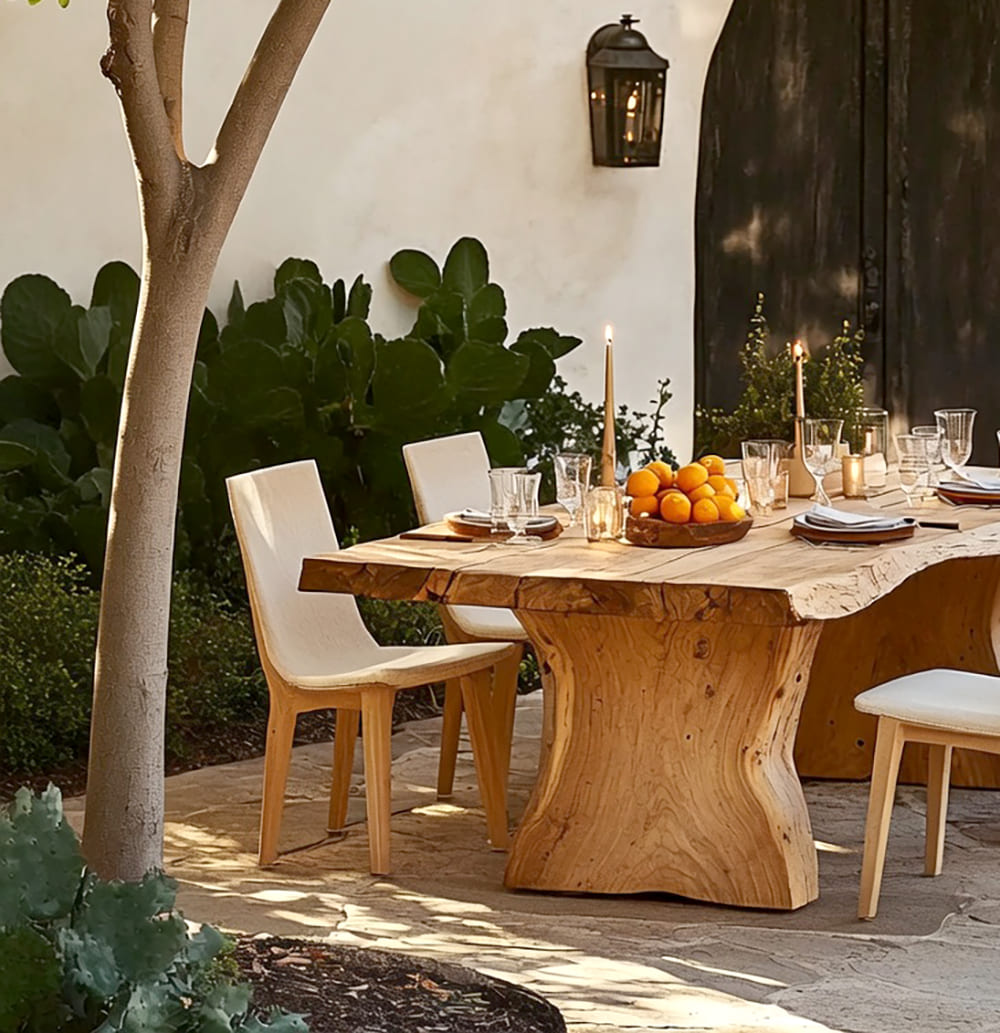 Solid wood garden dining table featuring handcrafted live edge details and an artistic pedestal base