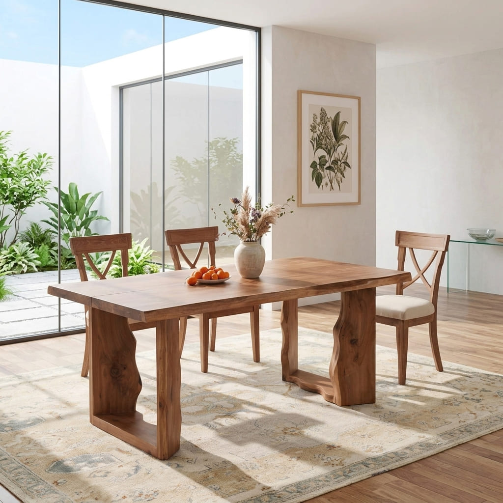 Sculptural hardwood dining table in a contemporary dining space