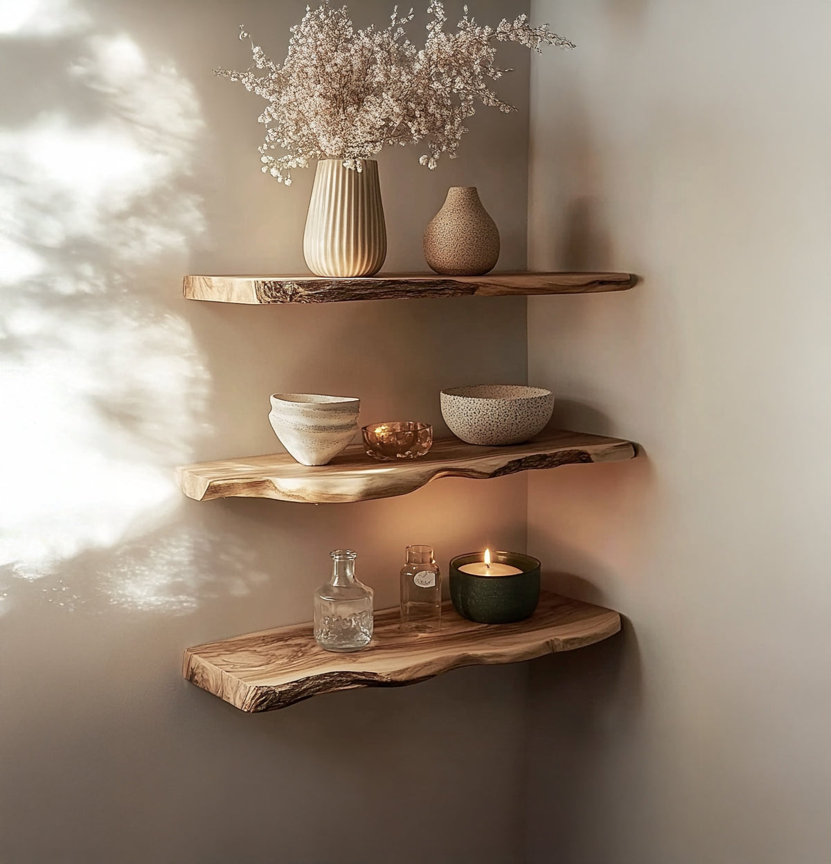 Organic live edge floating shelves made from solid wood