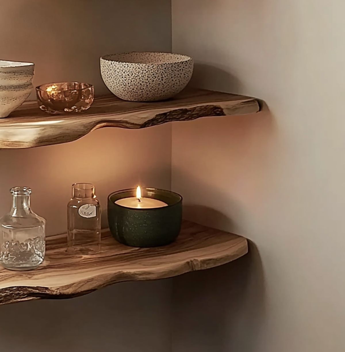 Solid wood floating shelf with natural live edge detail