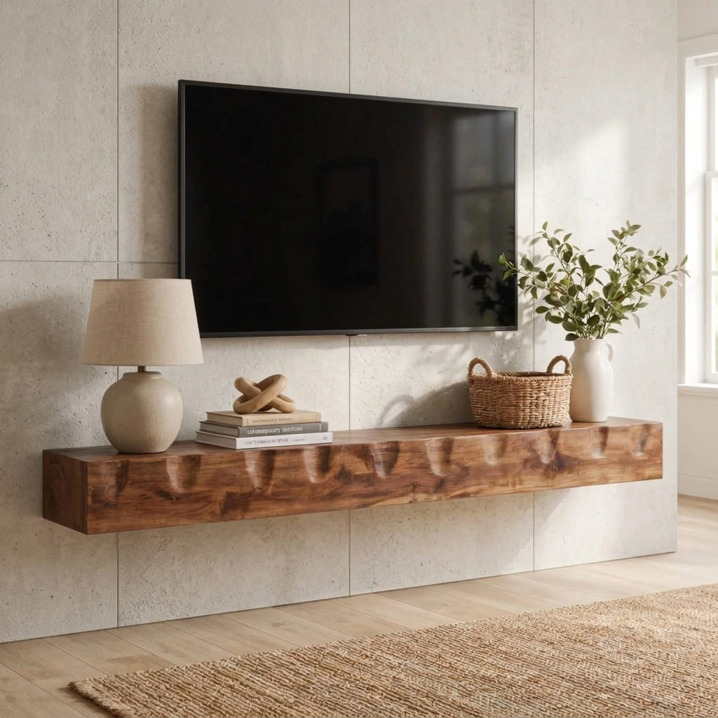 Organic live edge solid wood floating TV shelf and media console handcrafted from premium hardwood