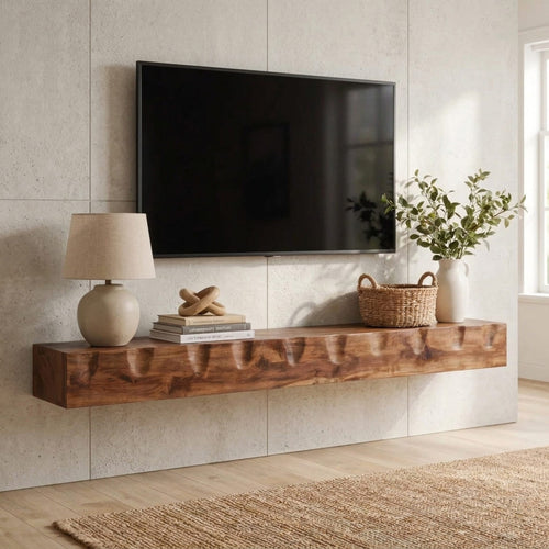 Organic Live Edge Solid Wood Floating TV Shelf & Media Console