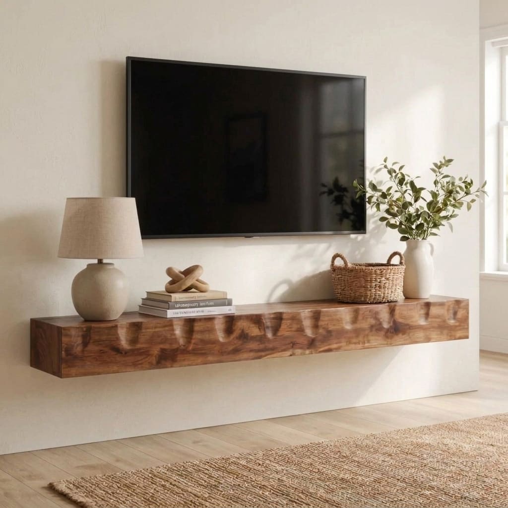Solid wood floating shelf providing elegant media storage in a modern home