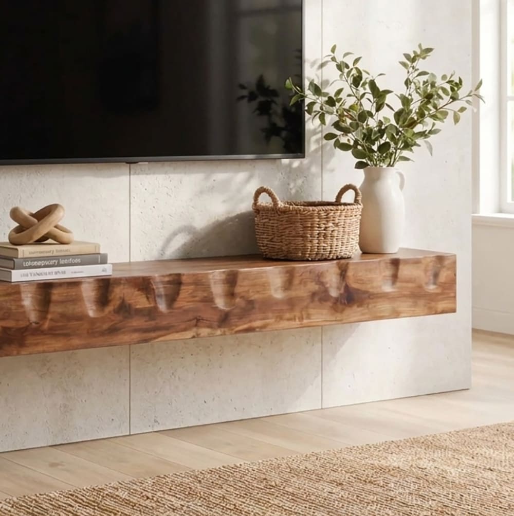 Handcrafted solid wood floating TV shelf showcasing dramatic organic live edge contours