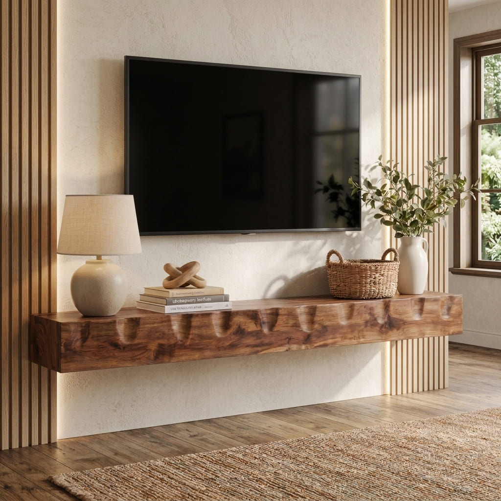 Solid wood floating shelf providing elegant media storage in a modern home