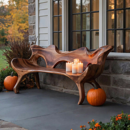 Organic Live Edge Solid Wood Halloween Sculptural Bench