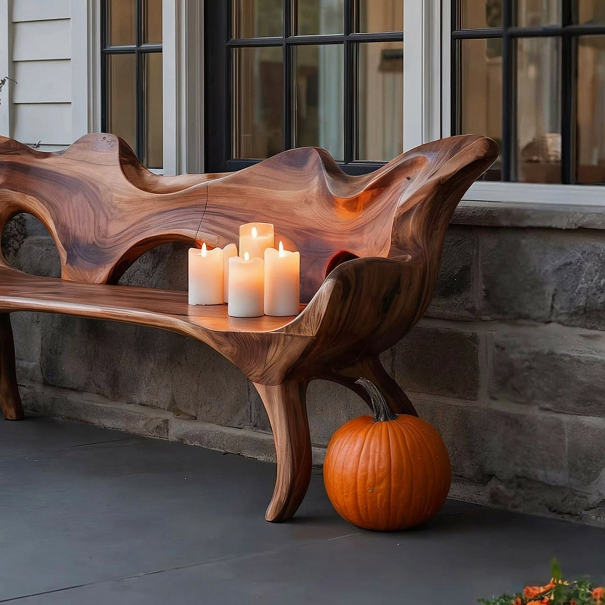 Rustic solid wood sculptural bench for Halloween décor