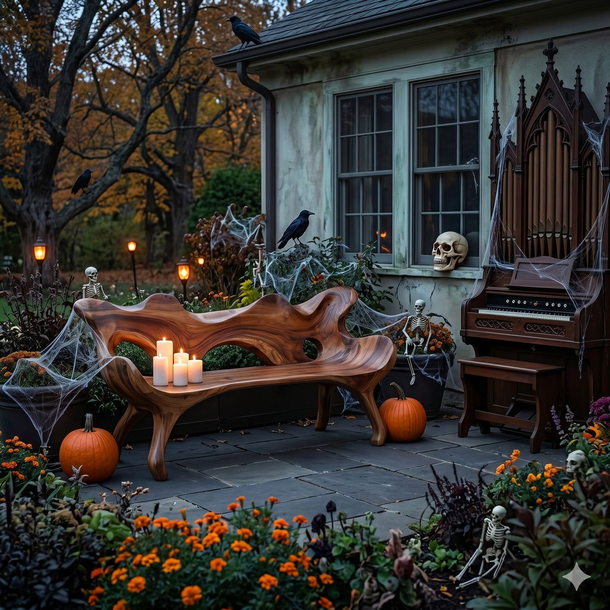 Organic live edge solid wood Halloween bench on a front porch